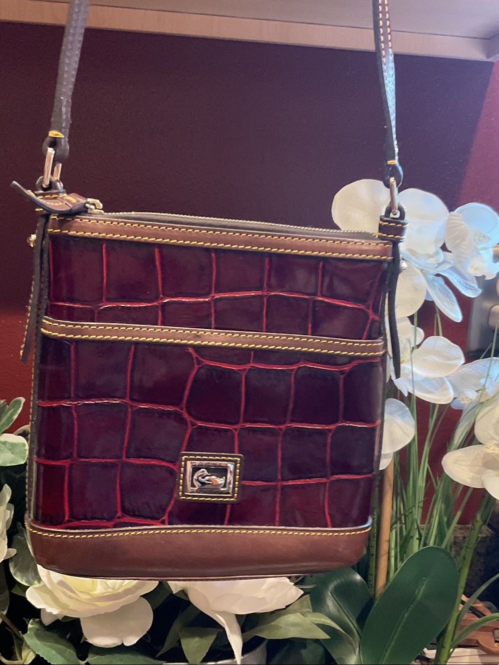 Dooney & Bourke Burgundy Croc-Embossed Crossbody with Brown Trim